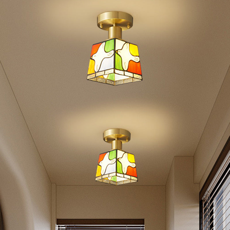 Modern Mid-Century Square Dove Of Peace Full Copper Frame Glass Shade 1-Light Semi-Flush Mount Ceiling Light For Living Room