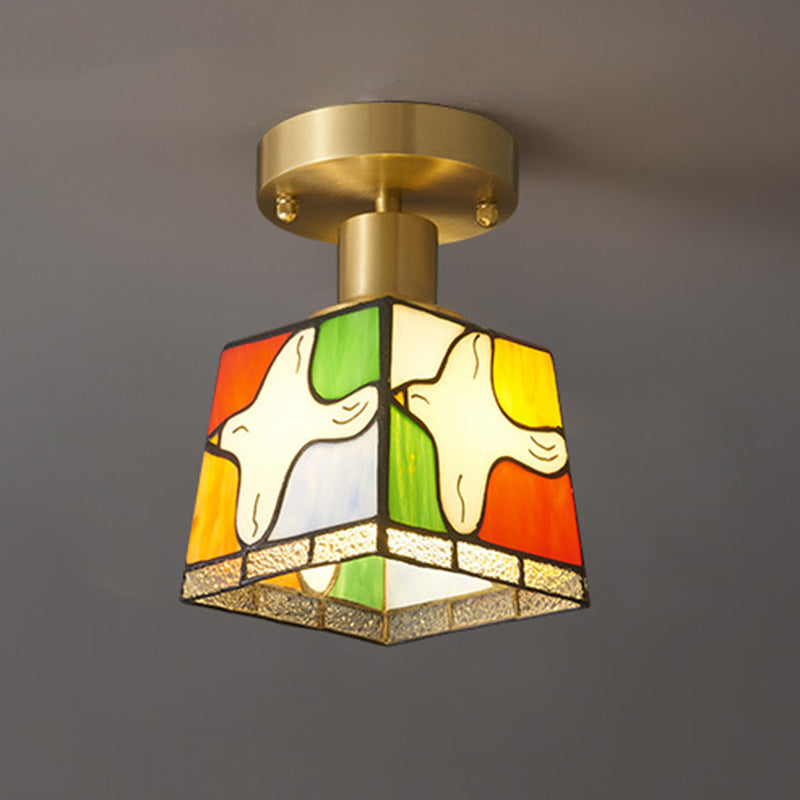 Modern Mid-Century Square Dove Of Peace Full Copper Frame Glass Shade 1-Light Semi-Flush Mount Ceiling Light For Living Room