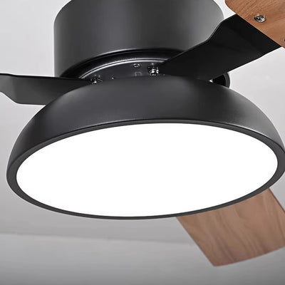 Moderner minimalistischer runder Deckenventilator aus massivem Holz mit Eisen-Acryl-Schirm und LED-Stangen für das Wohnzimmer 