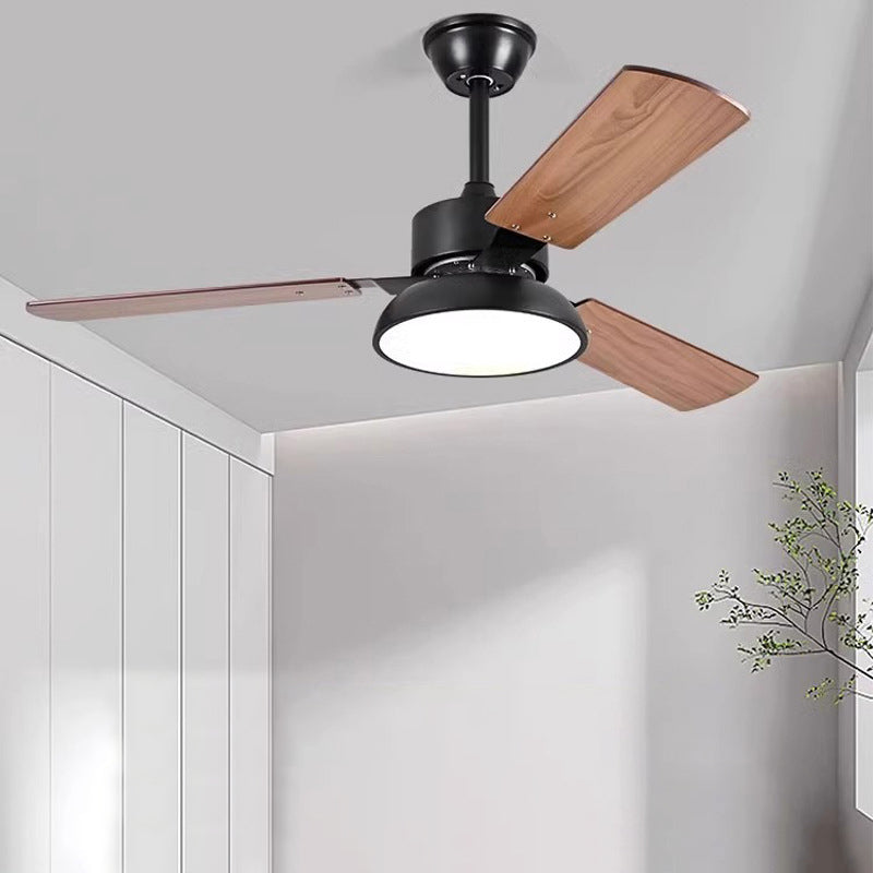 Ventilateur de plafond moderne minimaliste à pales rondes en bois massif avec abat-jour en fer et acrylique LED pour salon 