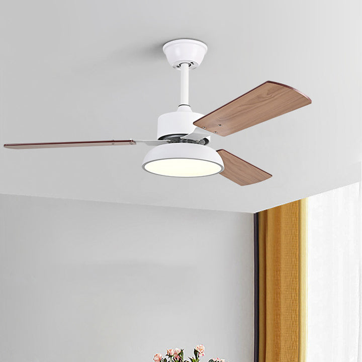 Ventilateur de plafond moderne minimaliste à pales rondes en bois massif avec abat-jour en fer et acrylique LED pour salon 