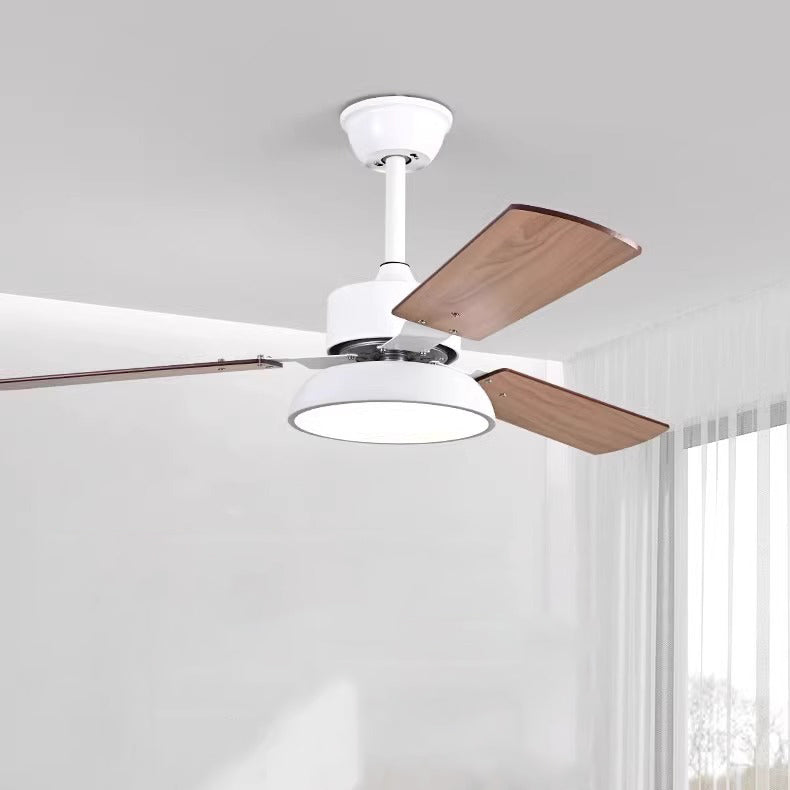 Ventilateur de plafond moderne minimaliste à pales rondes en bois massif avec abat-jour en fer et acrylique LED pour salon 