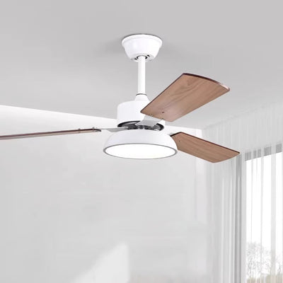 Moderner minimalistischer runder Deckenventilator aus massivem Holz mit Eisen-Acryl-Schirm und LED-Stangen für das Wohnzimmer 
