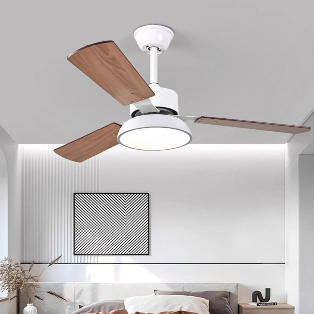 Ventilateur de plafond moderne minimaliste à pales rondes en bois massif avec abat-jour en fer et acrylique LED pour salon 