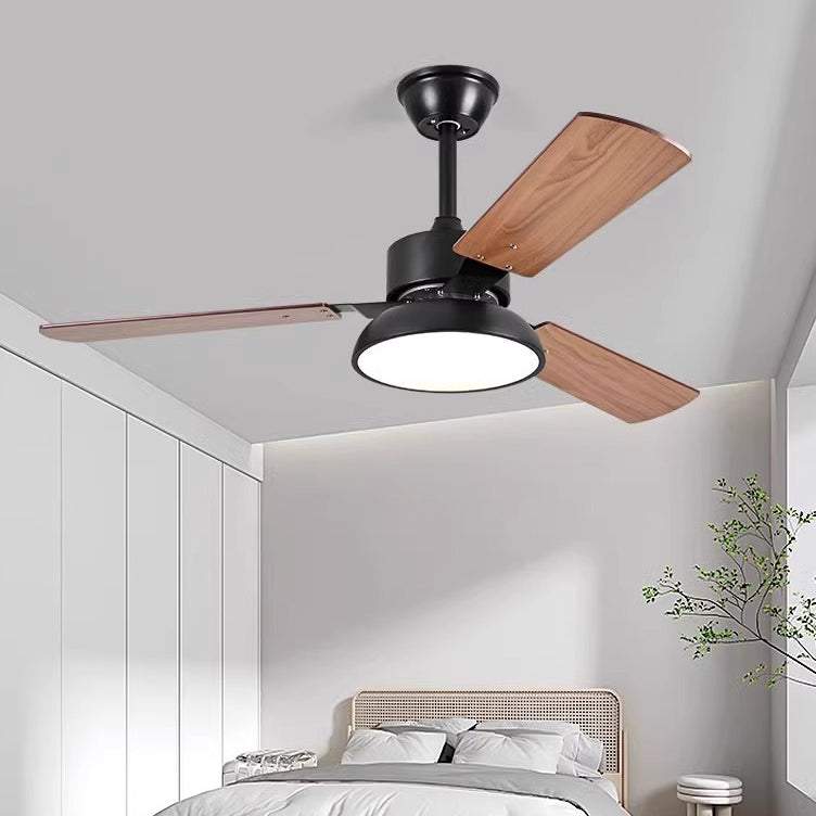 Ventilateur de plafond moderne minimaliste à pales rondes en bois massif avec abat-jour en fer et acrylique LED pour salon 