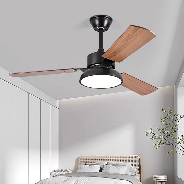 Ventilador de techo con luz LED de aspas redondas de madera maciza minimalista moderna, pantalla de acrílico y varillas de hierro para sala de estar 