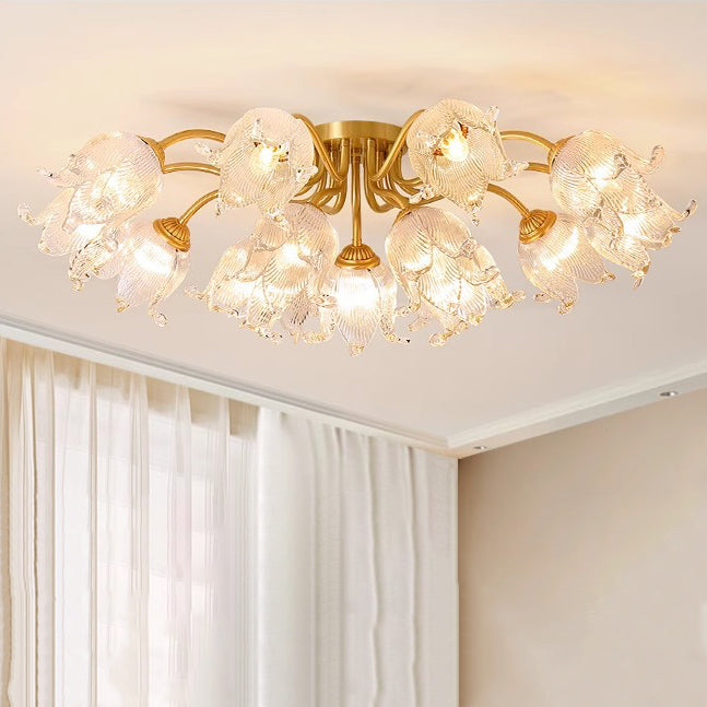 Traditional European Round Flower Glass Shade Full Copper Frame 5/12/15 Light Flush Mount Ceiling Light For Living Room