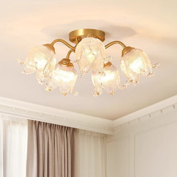 Traditional European Round Flower Glass Shade Full Copper Frame 5/12/15 Light Flush Mount Ceiling Light For Living Room