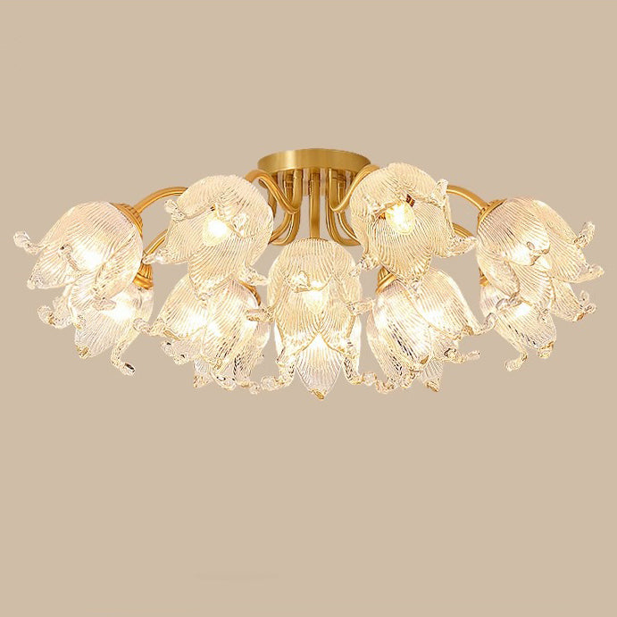 Traditional European Round Flower Glass Shade Full Copper Frame 5/12/15 Light Flush Mount Ceiling Light For Living Room