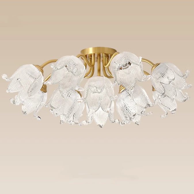 Traditional European Round Flower Glass Shade Full Copper Frame 5/12/15 Light Flush Mount Ceiling Light For Living Room
