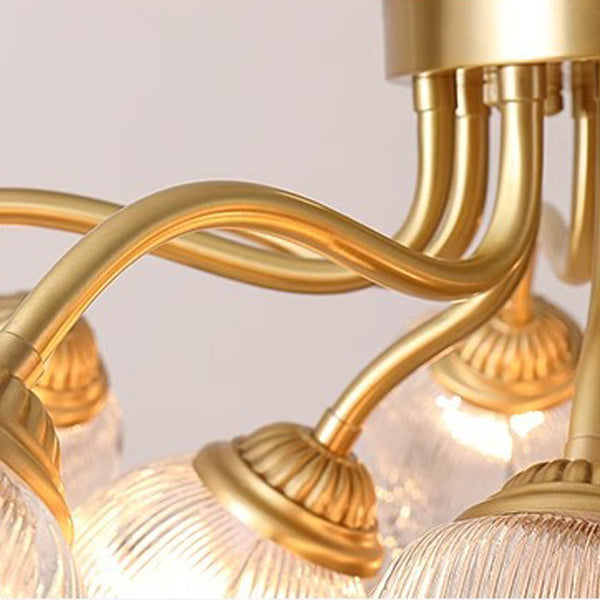 Traditional European Round Flower Glass Shade Full Copper Frame 5/12/15 Light Flush Mount Ceiling Light For Living Room