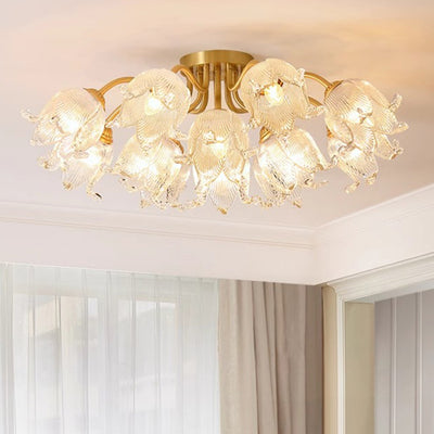 Traditional European Round Flower Glass Shade Full Copper Frame 5/12/15 Light Flush Mount Ceiling Light For Living Room