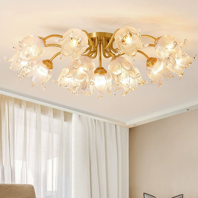 Traditional European Round Flower Glass Shade Full Copper Frame 5/12/15 Light Flush Mount Ceiling Light For Living Room
