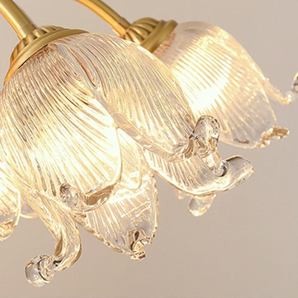 Traditional European Round Flower Glass Shade Full Copper Frame 5/12/15 Light Flush Mount Ceiling Light For Living Room