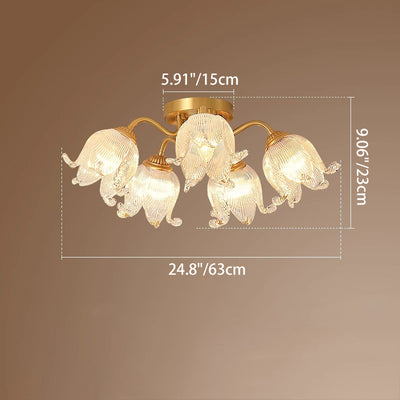 Traditional European Round Flower Glass Shade Full Copper Frame 5/12/15 Light Flush Mount Ceiling Light For Living Room