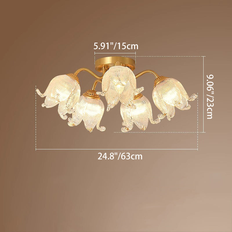 Traditional European Round Flower Glass Shade Full Copper Frame 5/12/15 Light Flush Mount Ceiling Light For Living Room