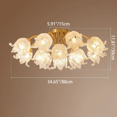 Traditional European Round Flower Glass Shade Full Copper Frame 5/12/15 Light Flush Mount Ceiling Light For Living Room