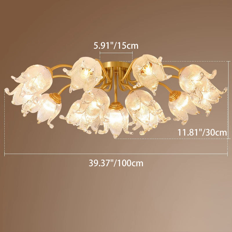 Traditional European Round Flower Glass Shade Full Copper Frame 5/12/15 Light Flush Mount Ceiling Light For Living Room