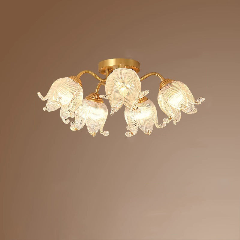 Traditional European Round Flower Glass Shade Full Copper Frame 5/12/15 Light Flush Mount Ceiling Light For Living Room