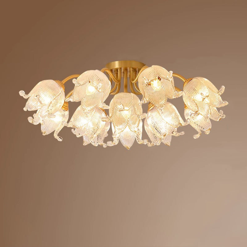 Traditional European Round Flower Glass Shade Full Copper Frame 5/12/15 Light Flush Mount Ceiling Light For Living Room