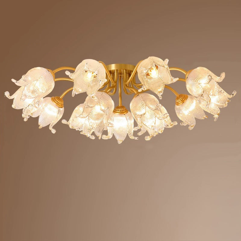 Traditional European Round Flower Glass Shade Full Copper Frame 5/12/15 Light Flush Mount Ceiling Light For Living Room