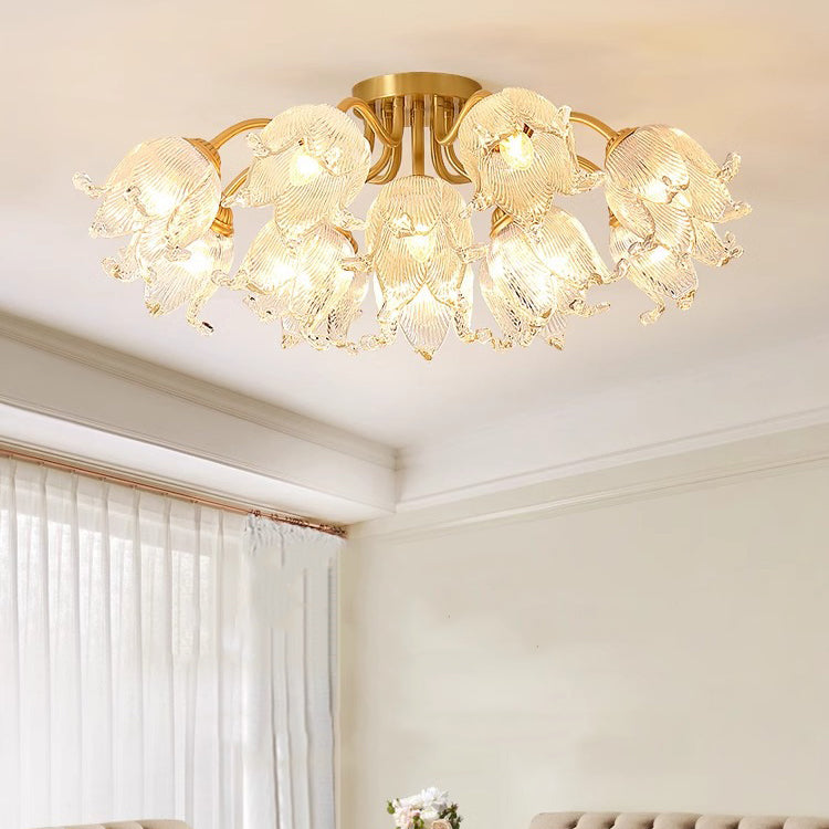 Traditional European Round Flower Glass Shade Full Copper Frame 5/12/15 Light Flush Mount Ceiling Light For Living Room