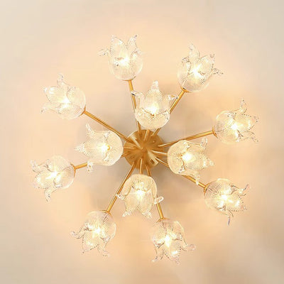 Traditional European Round Flower Glass Shade Full Copper Frame 5/12/15 Light Flush Mount Ceiling Light For Living Room