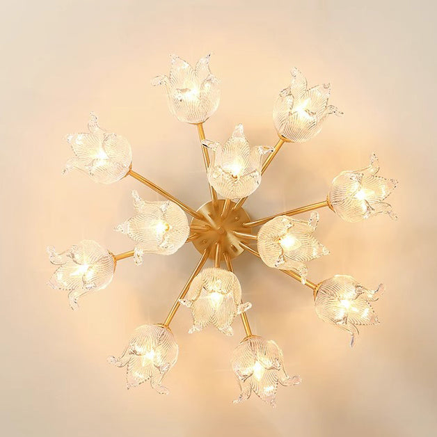 Traditional European Round Flower Glass Shade Full Copper Frame 5/12/15 Light Flush Mount Ceiling Light For Living Room