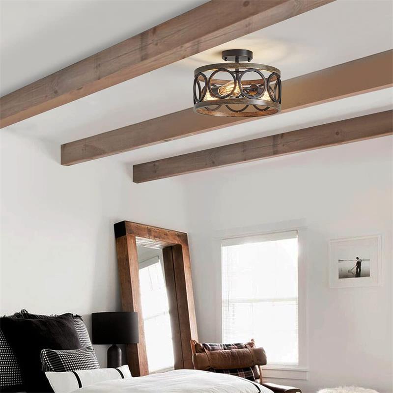 Lustre de plafond semi-encastré contemporain industriel rond en grain de bois évidé en fer à 3 lumières pour salon 