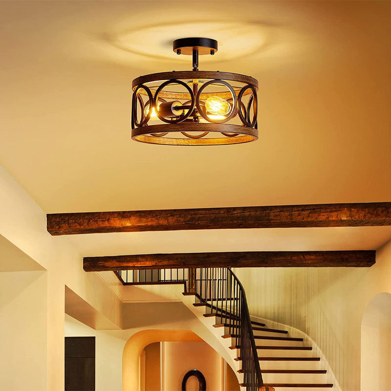 Lustre de plafond semi-encastré contemporain industriel rond en grain de bois évidé en fer à 3 lumières pour salon 