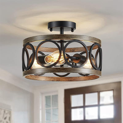 Lustre de plafond semi-encastré contemporain industriel rond en grain de bois évidé en fer à 3 lumières pour salon 