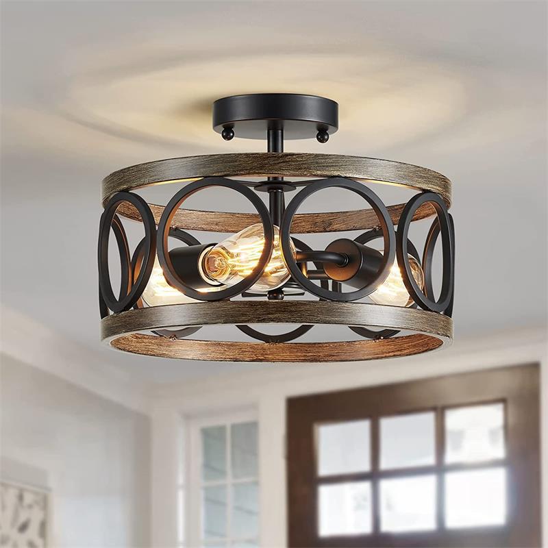 Lustre de plafond semi-encastré contemporain industriel rond en grain de bois évidé en fer à 3 lumières pour salon 