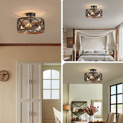 Lustre de plafond semi-encastré contemporain industriel rond en grain de bois évidé en fer à 3 lumières pour salon 