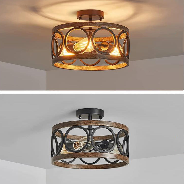 Lustre de plafond semi-encastré contemporain industriel rond en grain de bois évidé en fer à 3 lumières pour salon 