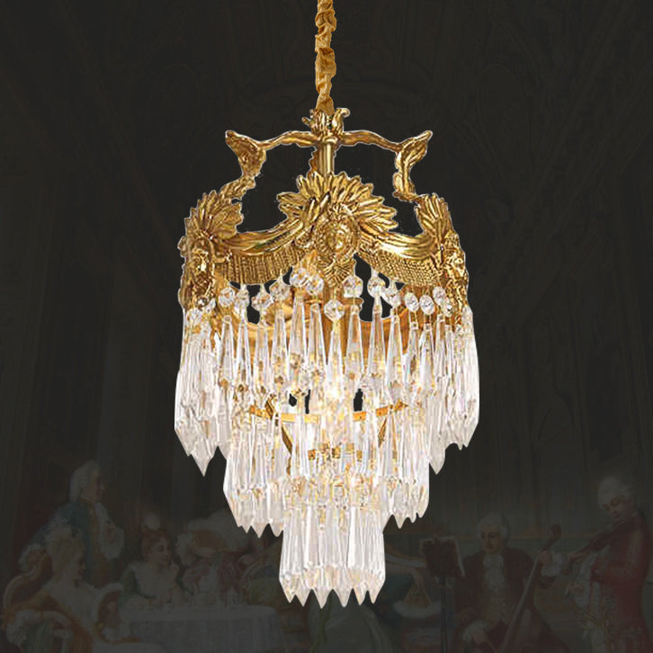 Lustre à 3 lumières en cristal sculpté rond traditionnel français avec cadre en cuivre pour salon 