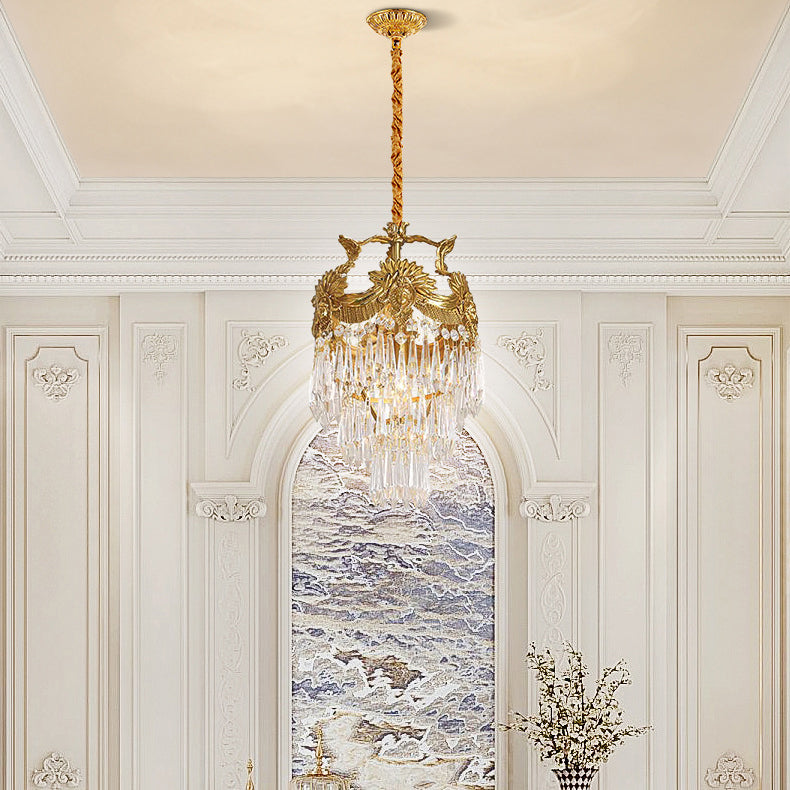Lustre à 3 lumières en cristal sculpté rond traditionnel français avec cadre en cuivre pour salon 