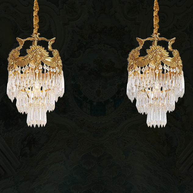 Lustre à 3 lumières en cristal sculpté rond traditionnel français avec cadre en cuivre pour salon 