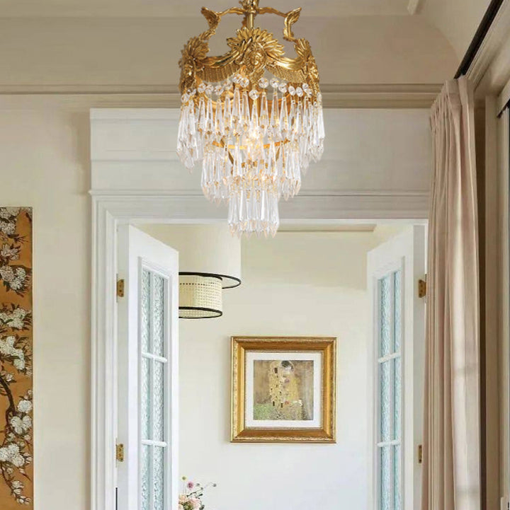Lámpara colgante de 3 luces con marco de cobre y cristal tallado en forma de flor redonda tradicional francesa para sala de estar 