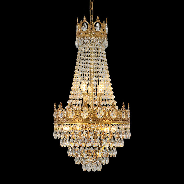 Chandelier à 9 lumières pour salon avec cadre en cuivre et cristal taillé en forme de couronne ronde traditionnelle française 
