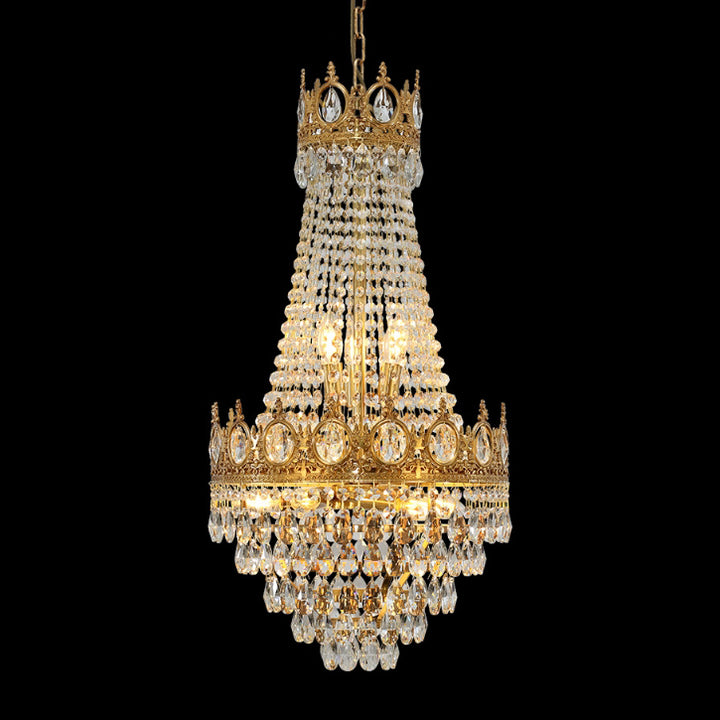 Chandelier à 9 lumières pour salon avec cadre en cuivre et cristal taillé en forme de couronne ronde traditionnelle française 