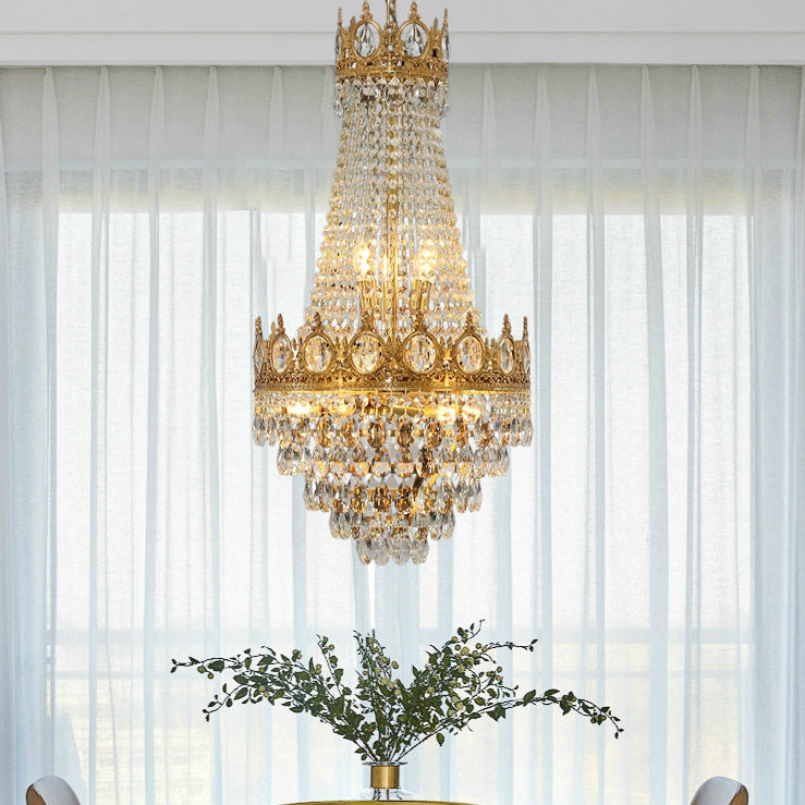 Chandelier à 9 lumières pour salon avec cadre en cuivre et cristal taillé en forme de couronne ronde traditionnelle française 