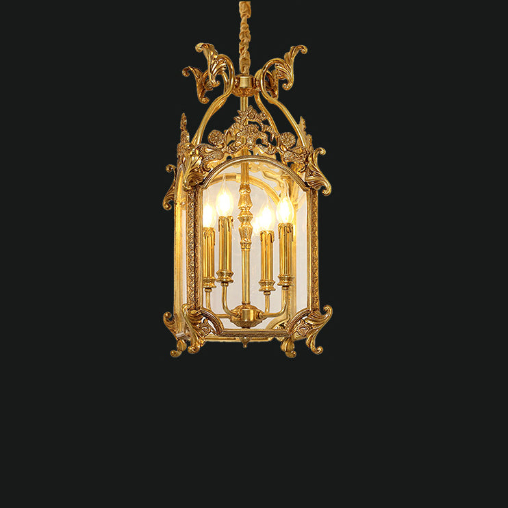 Porte-bougie sculpté quadrilatéral traditionnel français avec cadre en laiton massif, suspension à 4 lumières pour salon 