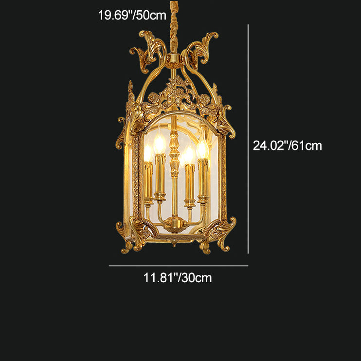 Porte-bougie sculpté quadrilatéral traditionnel français avec cadre en laiton massif, suspension à 4 lumières pour salon 