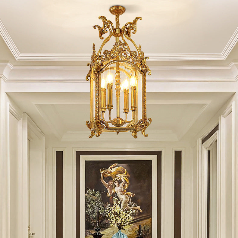 Porte-bougie sculpté quadrilatéral traditionnel français avec cadre en laiton massif, suspension à 4 lumières pour salon 