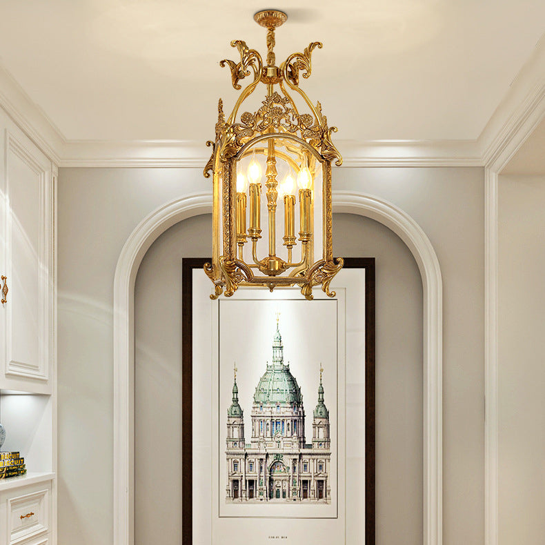 Porte-bougie sculpté quadrilatéral traditionnel français avec cadre en laiton massif, suspension à 4 lumières pour salon 