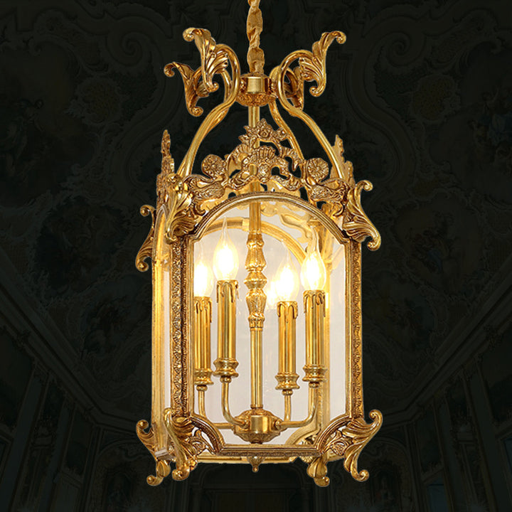 Porte-bougie sculpté quadrilatéral traditionnel français avec cadre en laiton massif, suspension à 4 lumières pour salon 