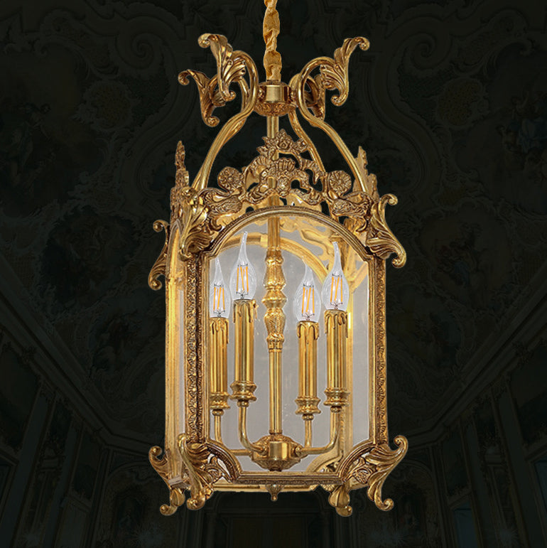 Porte-bougie sculpté quadrilatéral traditionnel français avec cadre en laiton massif, suspension à 4 lumières pour salon 
