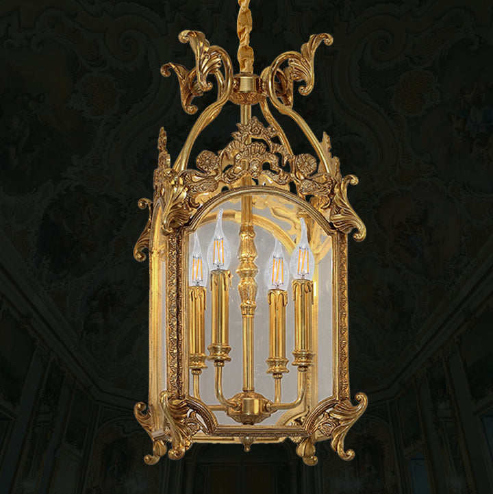 Porte-bougie sculpté quadrilatéral traditionnel français avec cadre en laiton massif, suspension à 4 lumières pour salon 