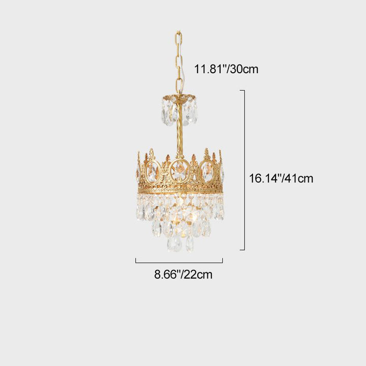 Traditionelle französische runde Krone Diamant Kristall Messingrahmen 1-Licht Pendelleuchte für Wohnzimmer 