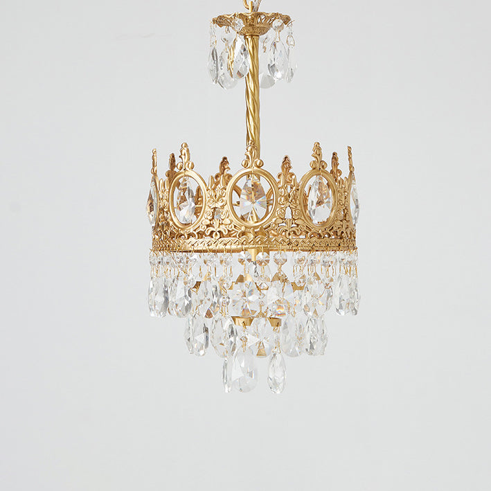 Traditionelle französische runde Krone Diamant Kristall Messingrahmen 1-Licht Pendelleuchte für Wohnzimmer 